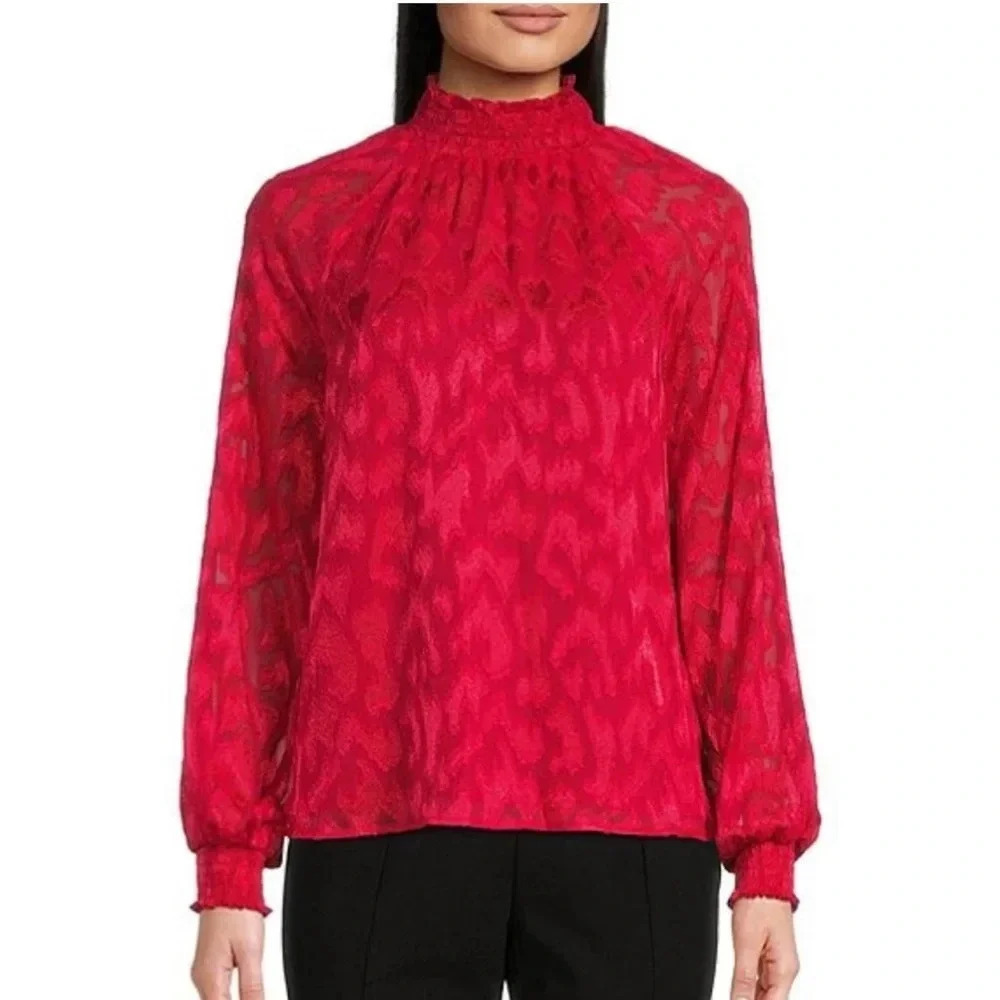 Calvin Klein Women’s High Neck Red Ruffle Blouse Size M NWT